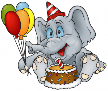 Royalty Free Clipart Image of an Elephant With Balloons and Cake
