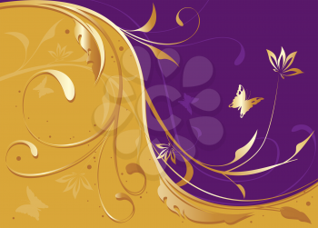 Royalty Free Clipart Image of a Floral and Butterfly Swirl Background of Gold and Purple
