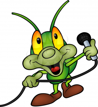 Royalty Free Clipart Image of a Happy Green Bug With a Microphone