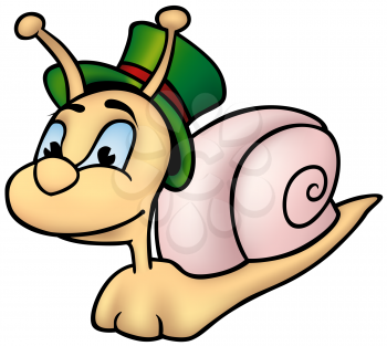 Royalty Free Clipart Image of a Snail in a Green Top Hat