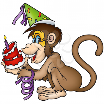 Royalty Free Clipart Image of a Monkey With a Birthday Cake