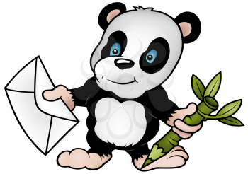 Royalty Free Clipart Image of a Panda With an Envelope and Bamboo Pencil