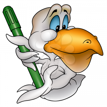 Royalty Free Clipart Image of a Pelican and a Marker