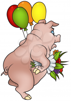 Royalty Free Clipart Image of a Pig With Balloons and Flowers
