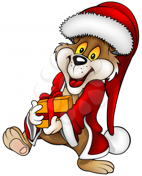 Royalty Free Clipart Image of an Animal Dressed as Santa Carrying a Gift
