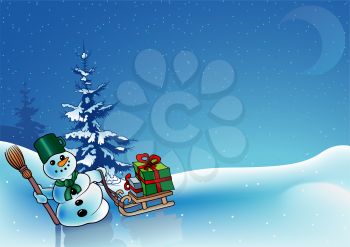 Royalty Free Clipart Image of a Winter Scene With a Snowman, a Tree and Presents on a Sled