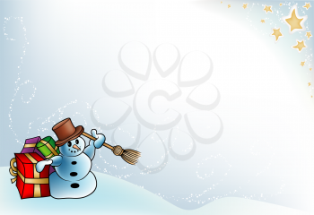 Royalty Free Clipart Image of a Snow Scene With a Snowman and Presents