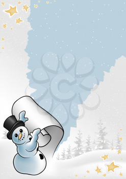 Royalty Free Clipart Image of a Snowman and a Snow Scene