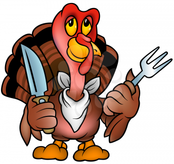Royalty Free Clipart Image of a Turkey Wearing a Bib Holding a Knife and Fork