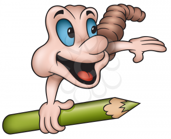 Royalty Free Clipart Image of a Worm With a Pencil Crayon