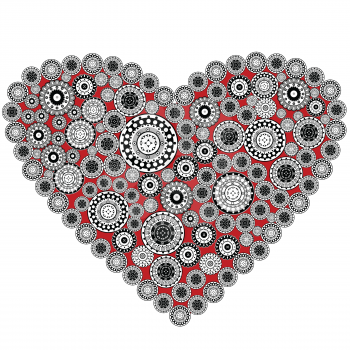 Royalty Free Clipart Image of a Heart Made Up of Grey Motifs on Red