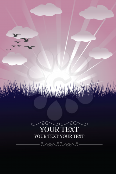 Royalty Free Clipart Image of a Background With Pink Sky, Clouds and Birds