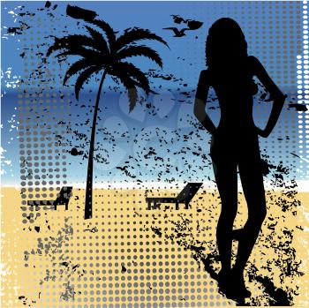 Royalty Free Clipart Image of a Grunge Beach Background With a Woman at the Side