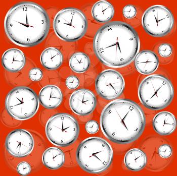 Royalty Free Clipart Image of Clocks Over a Red Background