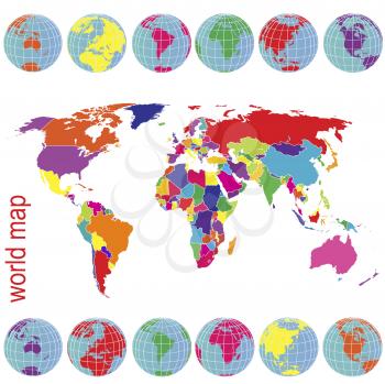 Royalty Free Clipart Image of a Coloured Map and Globes