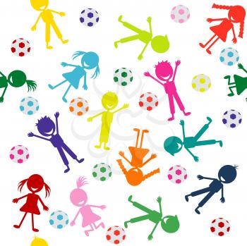 Royalty Free Clipart Image of Smiling Children Silhouettes and Soccer Balls