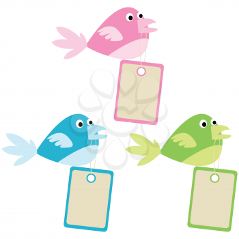 Royalty Free Clipart Image of a Set of Coloured Birds With Tags