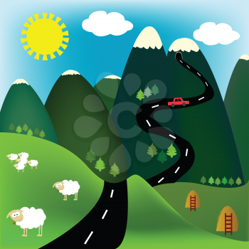 Royalty Free Clipart Image of a Cartoon Summer Mountain Landscape
