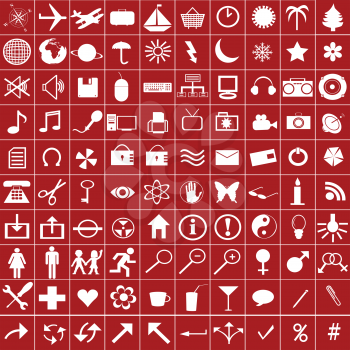 100 white web icons on red background