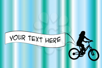 Kid riding a bike and holding a banner with place for sample text 