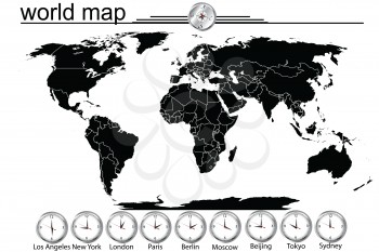 Detailed world map with country borders and time in main cityes