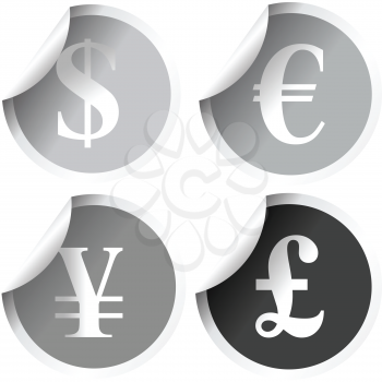 Grey labels with international currency symbols