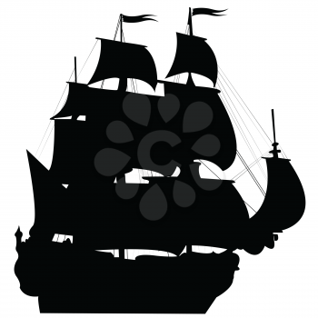 Perspective view of an old silhouette ship sailing