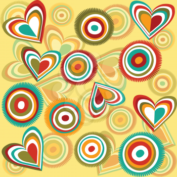 Retro pattern with abstract hearts and circles