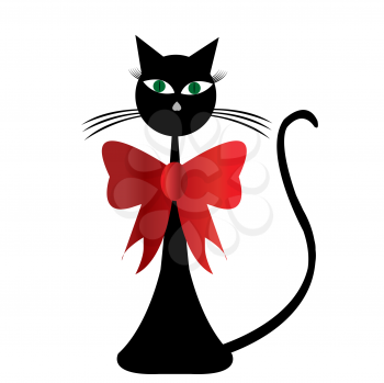 Royalty Free Clipart Image of a Cat With a Red Bow