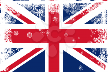 Royalty Free Clipart Image of a Grungy Union Jack With Snowflakes