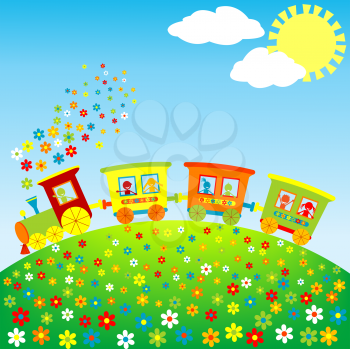 Royalty Free Clipart Image of a Train on Field of Flowers
