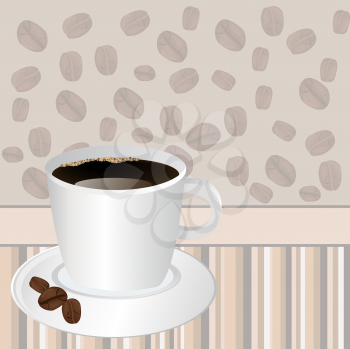 Royalty Free Clipart Image of a Cup of Coffee Over a Striped Coffee Bean Background