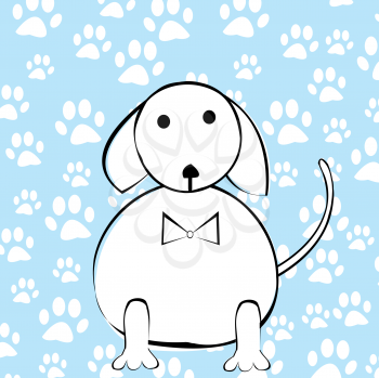 Royalty Free Clipart Image of a Cartoon Dog Over a Paw Print Background