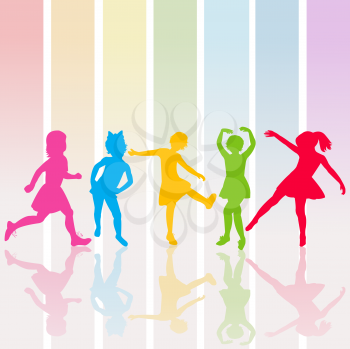 Royalty Free Clipart Image of a Pastel Striped Background With Silhouetted Girls