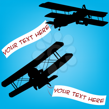 Royalty Free Clipart Image of Two Planes With Banners Behind Them