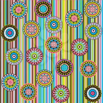 Royalty Free Clipart Image of a Retro Background With Stripes and Coloured Motifs