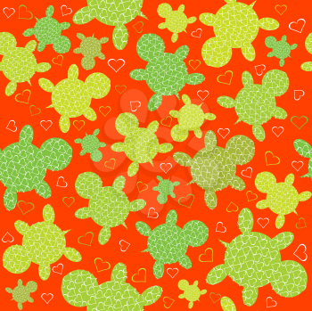 Royalty Free Clipart Image of a Turtle and Heart Background