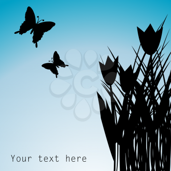 Royalty Free Clipart Image of Butterfly Tulips and Space for Text
