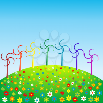 Royalty Free Clipart Image of Rainbow Coloured Windmills 
