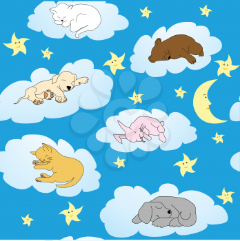 Background with cute doodle animals sleeping on clouds