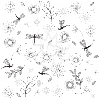 Background with flowers and dragonflies