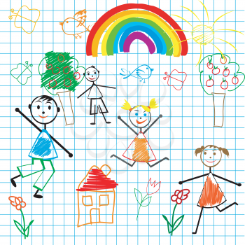 Doodle children on math page background
