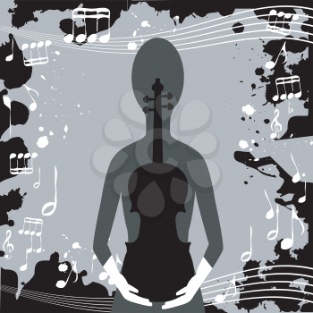 Grunge background with musical notes and woman holding a violin