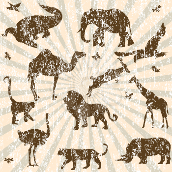 Retro grunge background with animals silhouettes