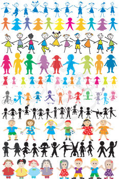Set of different and colored children silhouettes