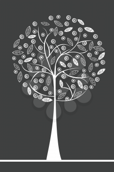 White stylized tree with fruits and leaves