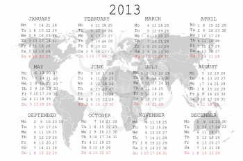 2013 Calendar with world map