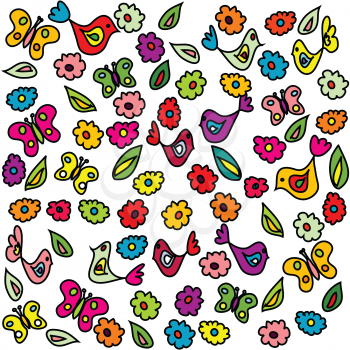 Background with birds, butterflies and flowers, pattern for kindergarten