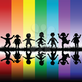 Kids playing over a rainbow background