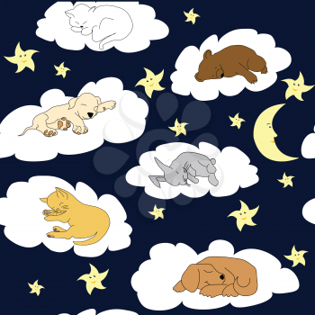 Night sky background with sleeping cute cartoon animals